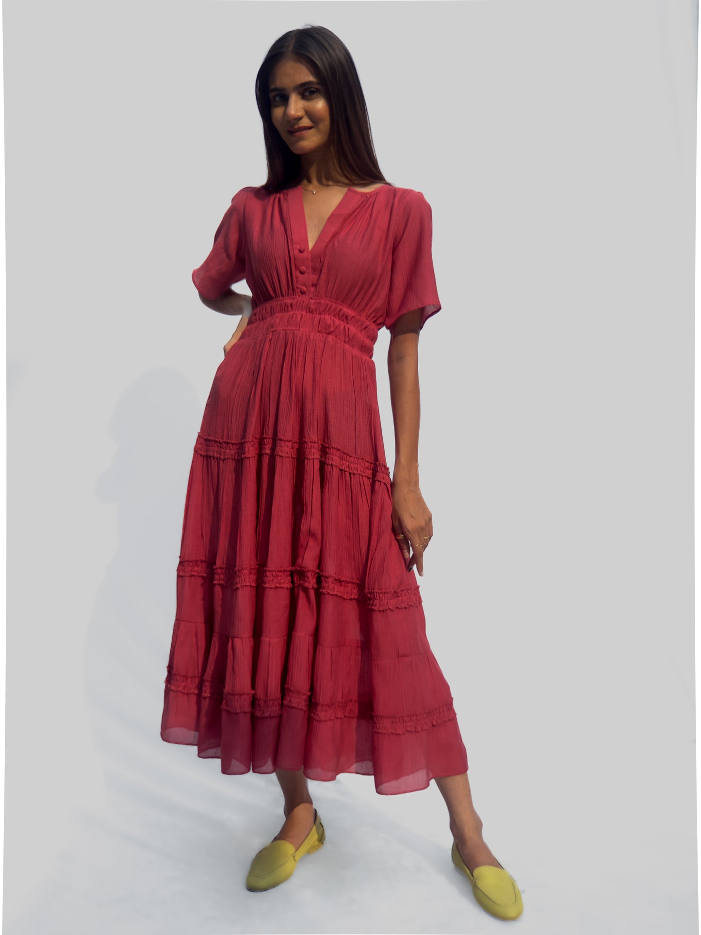 Coral Warm Pink Flared Midi Dress