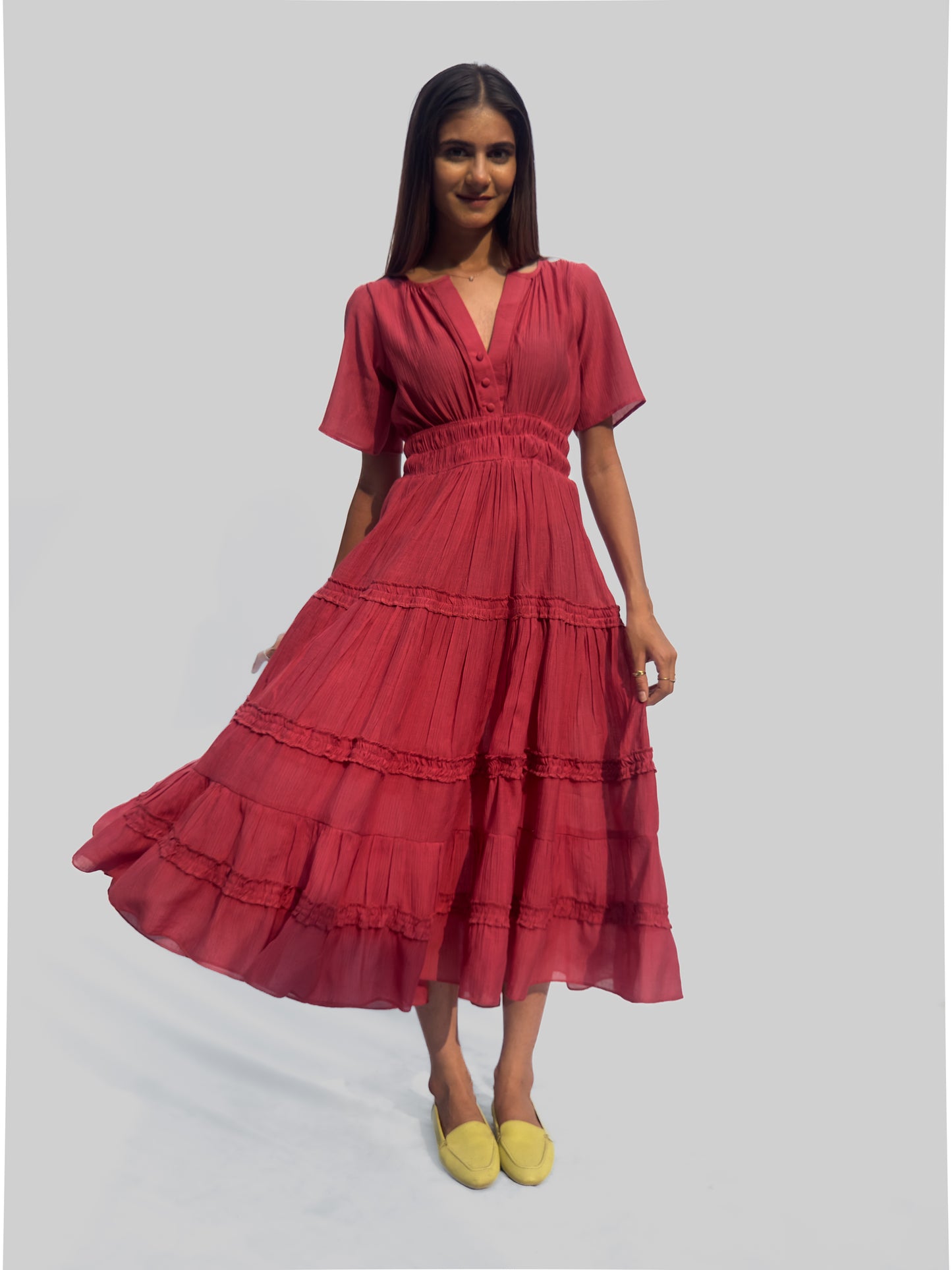 Coral Warm Pink Flared Midi Dress