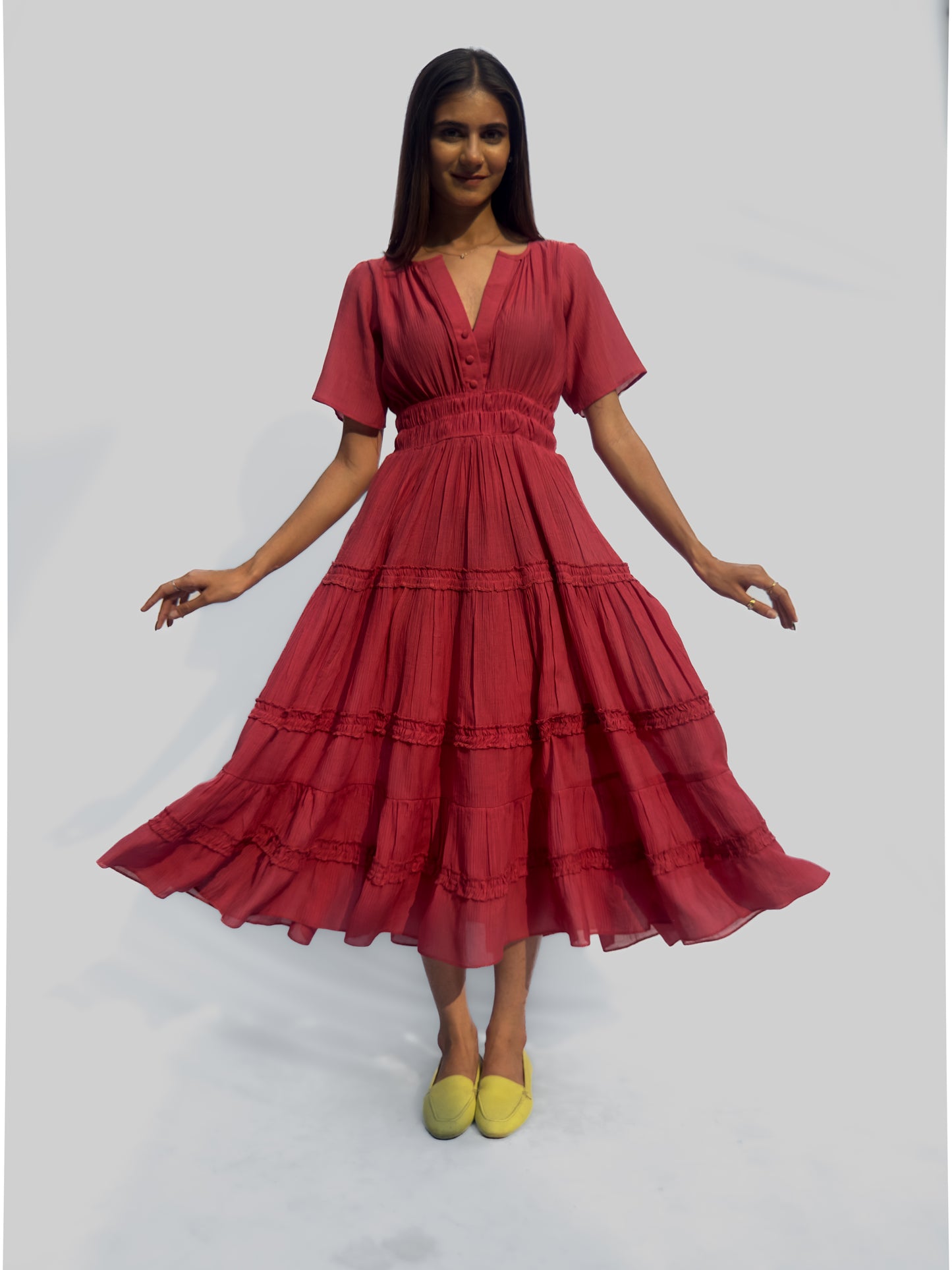 Coral Warm Pink Flared Midi Dress