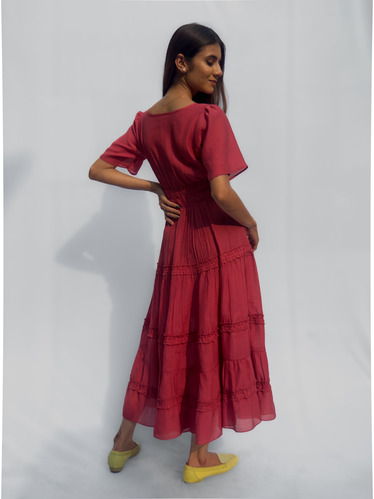 Coral Warm Pink Flared Midi Dress